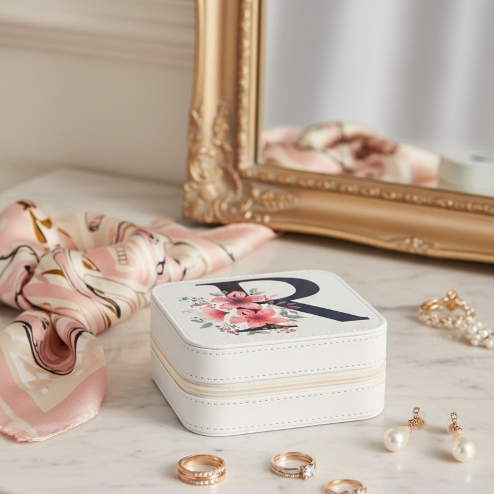 Floral Jewelry Box with Initial R